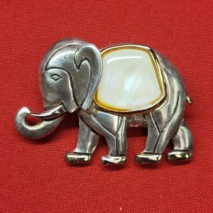 VTG Elephant Brooch Pin Pendant Metal Faux Abalone